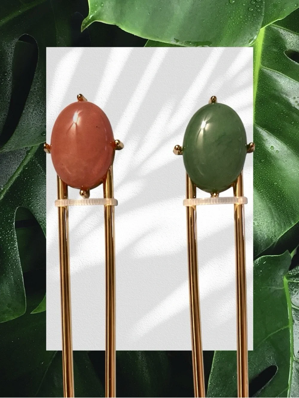 New. Rose Quartz & Green Aventurine French Pins - Gold Tone